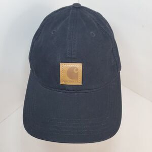 CARHARTT Hat Cap Black OSFM Brown Leather Patch Adjustable Hook and Loop Work